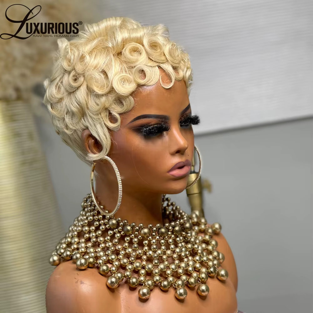 Perruque blonde 613 coupe pixie, perruque courte bob en cheveux humains, entièrement fabriquée à la 