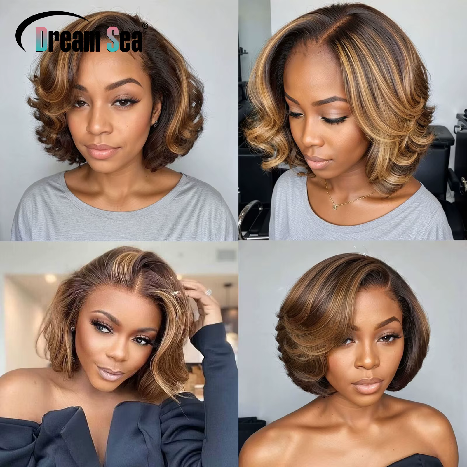 Perruque Bob Lace Frontal Wig brésilienne Remy, cheveux courts à reflets blonds, densité 200, partie