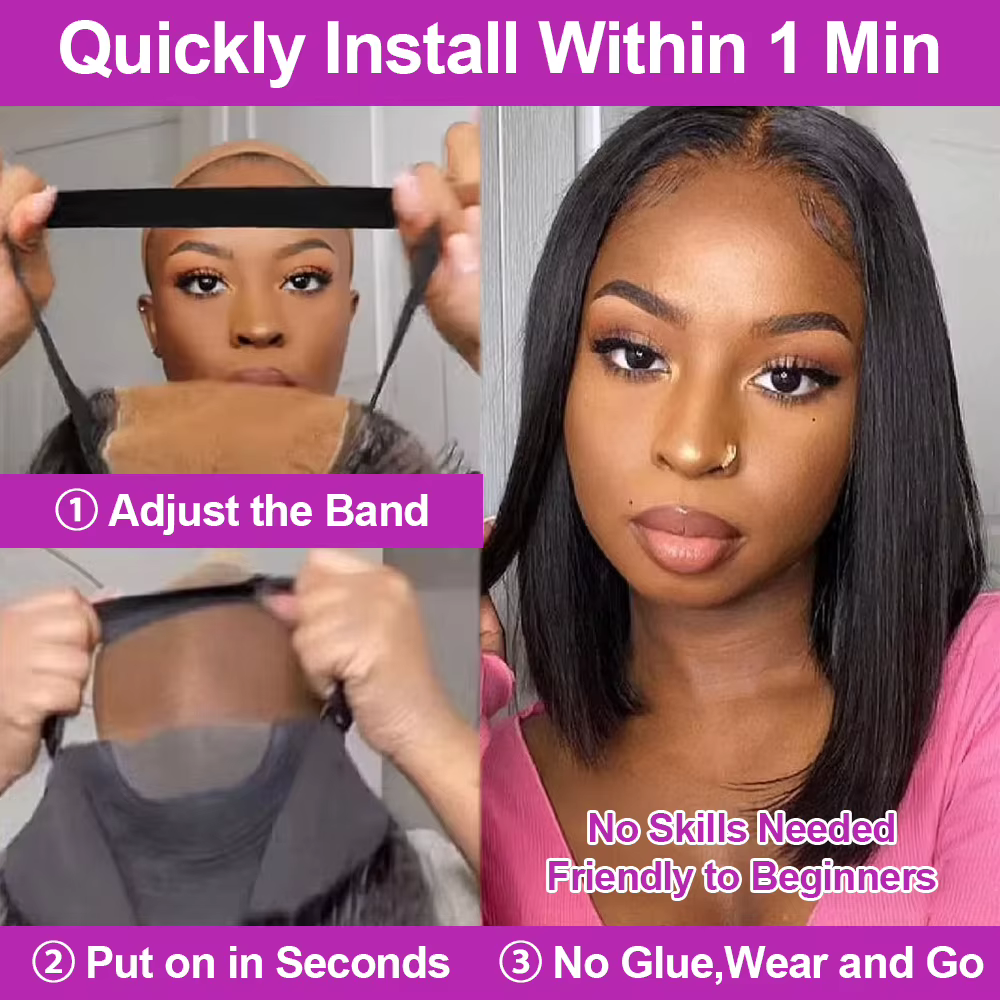 Perruques Bob de cheveux humains brésiliens sans colle HD perruque avant en dentelle sans colle os c