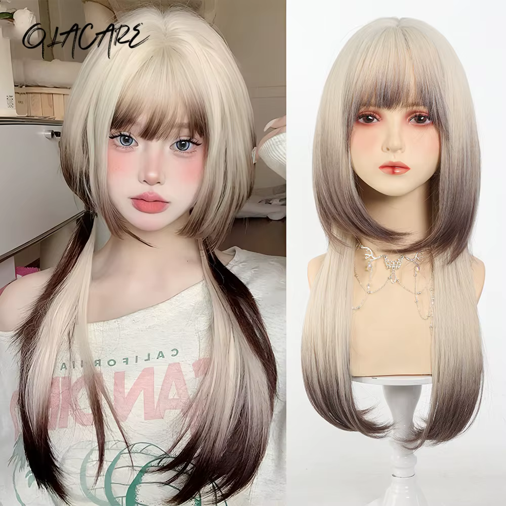 Perruque synthétique longue et droite, ombrée blond-brun, sans colle, réaliste, avec frange, Caput M