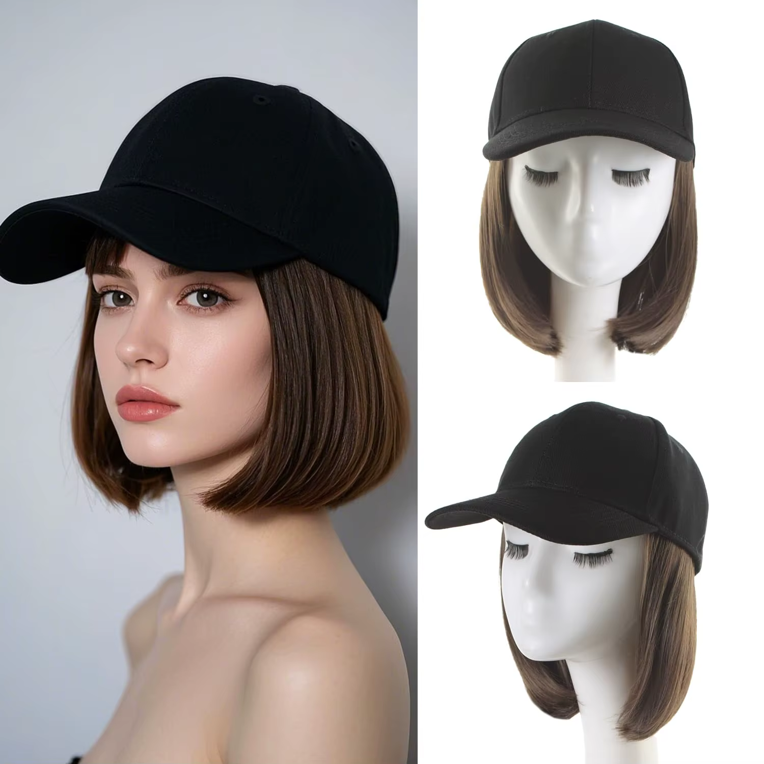 Perruque, casquette de baseball avec cheveux attachés pour femmes, perruque ajustable avec cheveux s