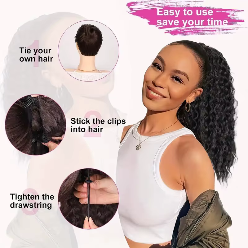 WIGSIN 18 pouces synthétique crépus bouclés queue de cheval cheveux courts moelleux bouclés cordon p
