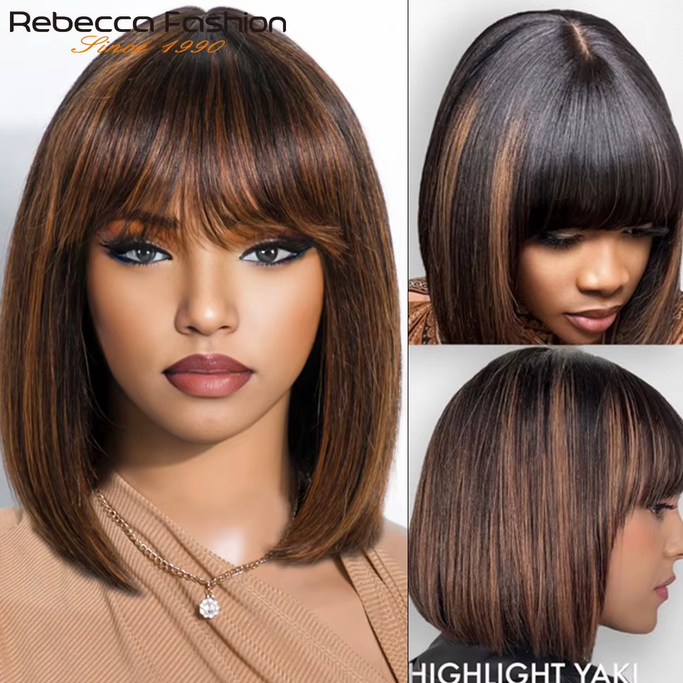 Perruque Bob Lace Wig naturelle brésilienne sans colle, cheveux courts à reflets blonds, 3x1, prêt à