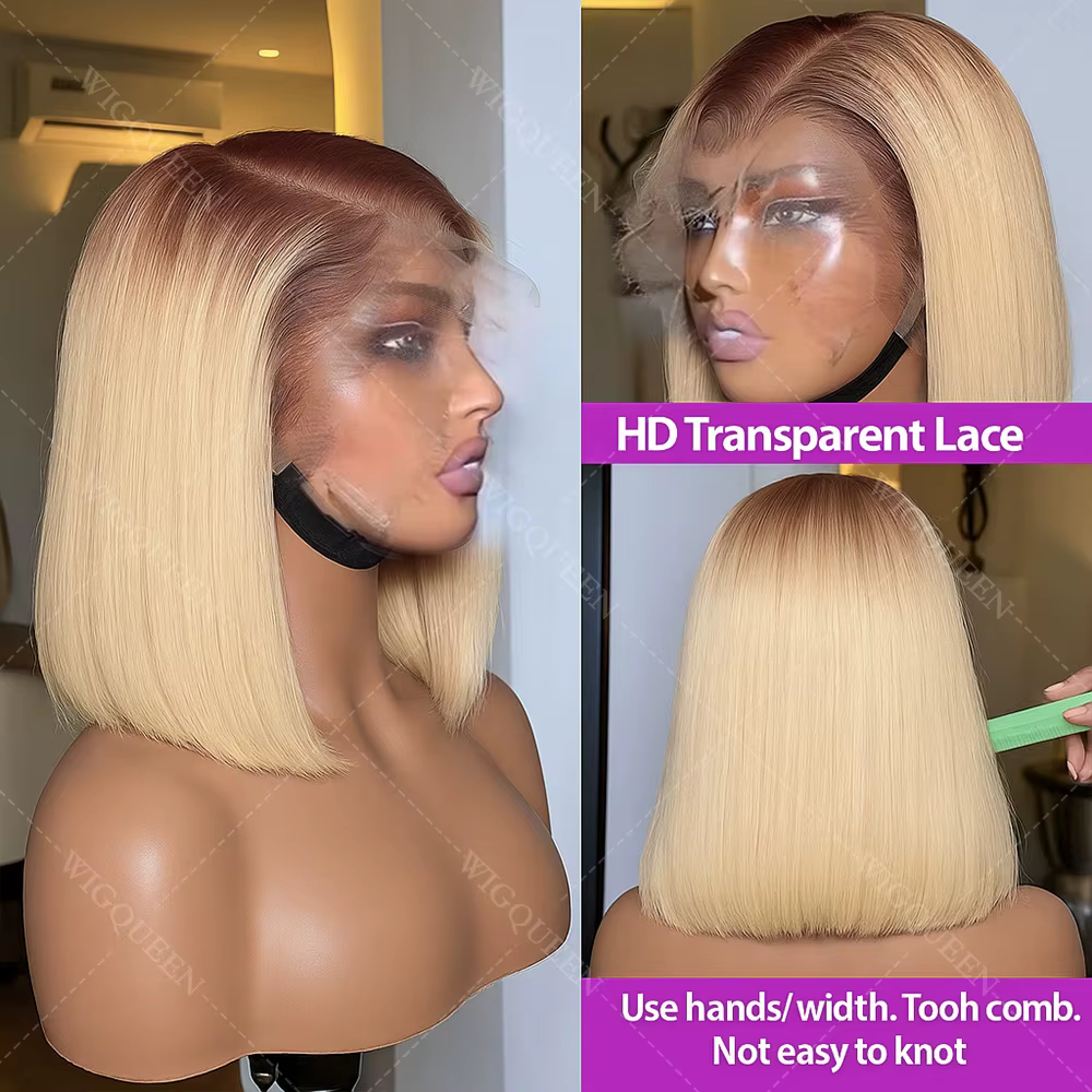 Perruque Bob Lace Front Wig naturelle lisse, cheveux courts à reflets, racines foncées, 13x4, couleu