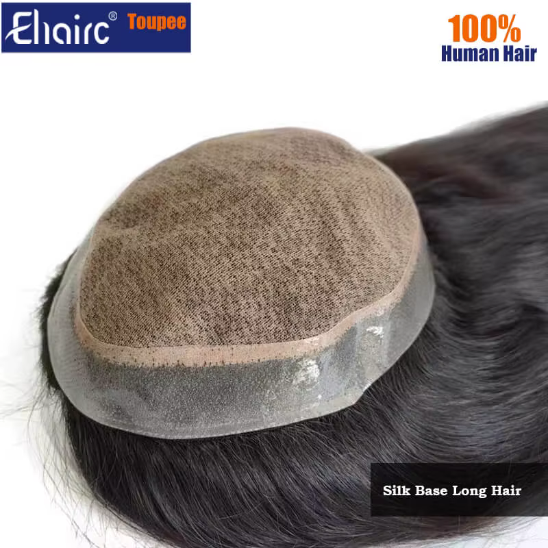 Perruque toupet longue en soie personnalisée pour hommes, naissance des cheveux naturelle, trois cou
