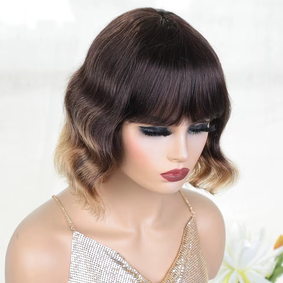 Perruques de cheveux humains Pixie Bob Cut avec frange pour femme, Deep Glueless, Highlight Honey Bo