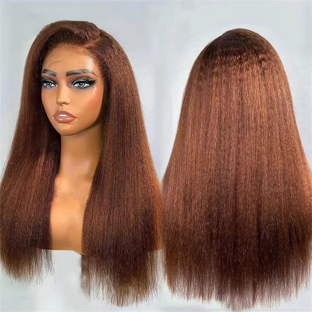 Perruque Lace Front Wig Yaki lisse et crépue sans colle, brune naturelle, douce, longue, 28 pouces, 