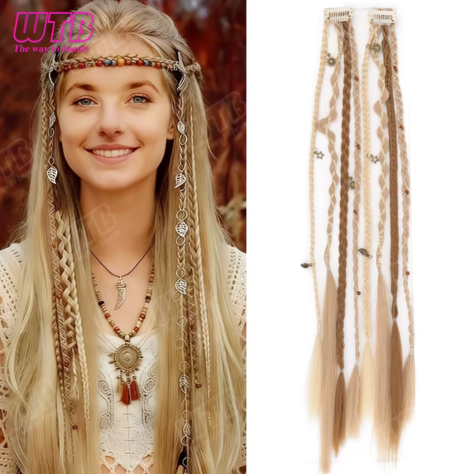 Lot de 2 Perruques Synthétiques Tressées Multicolores Style Clip BB, Tresses Effilochées Tendance, I