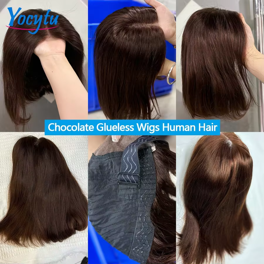 Chocolate Brown Glueless Wigs Human Hair 10 12 Pouces Perruques Cheveux Humains Sans Colle Perruque 