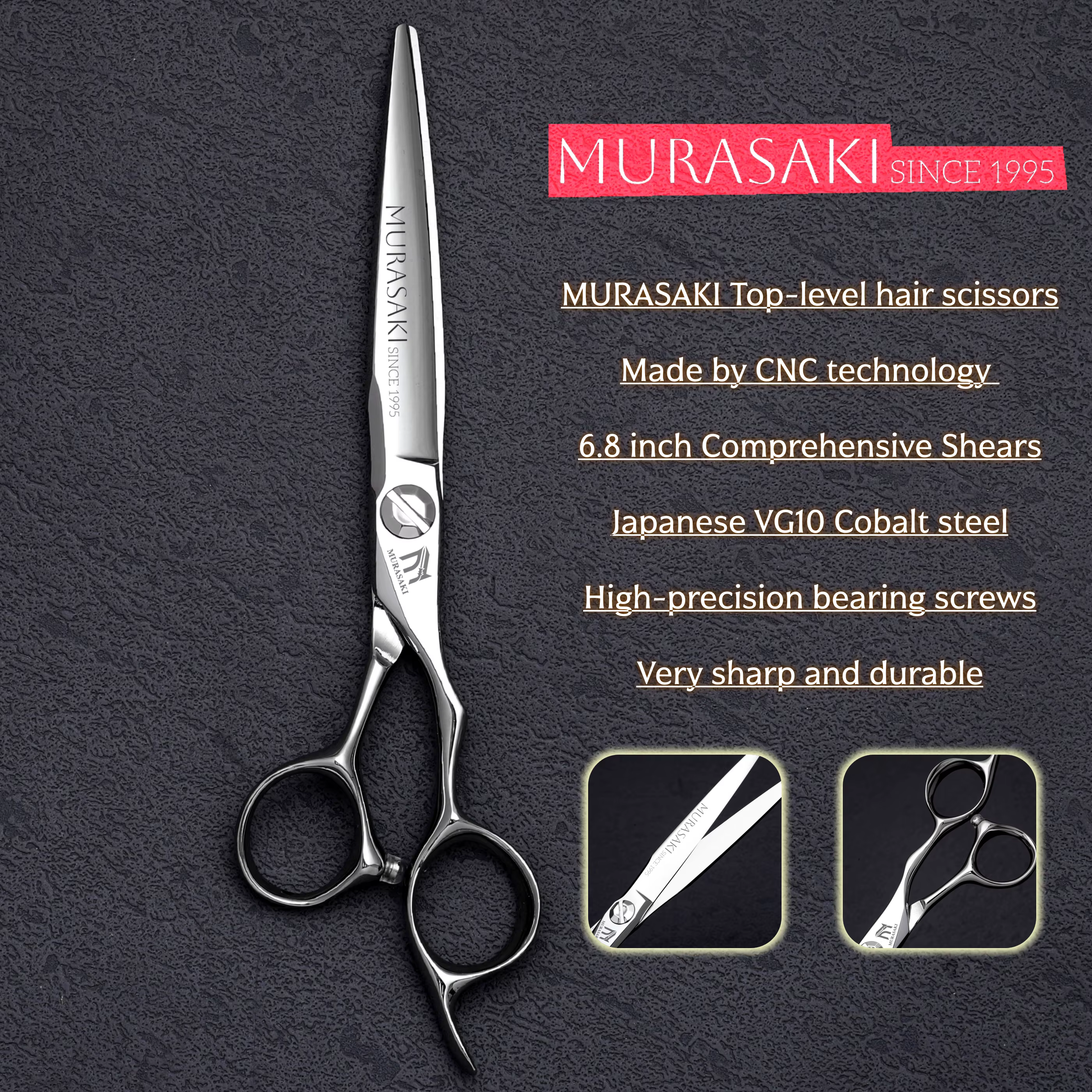 Ciseaux de coiffure de haut niveau MURASAKI, ciseaux de barbier de 5,7-6,3-6,8 pouces, fabriqués en