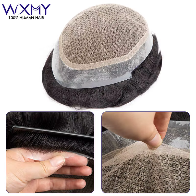 Perruque de toupet pour homme, dentelle double couche, base en PU, prothèse capillaire masculine, sy