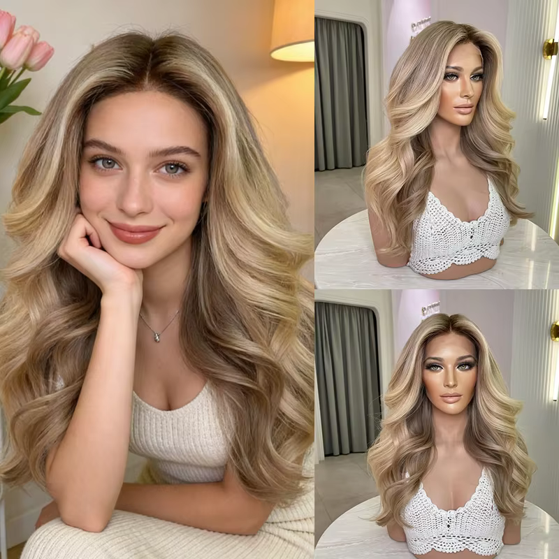 Perruque Lace Front Tendance avec Mèches Blond Miel Doré, Perruques Réalistes pour Femme, Cosplay, U