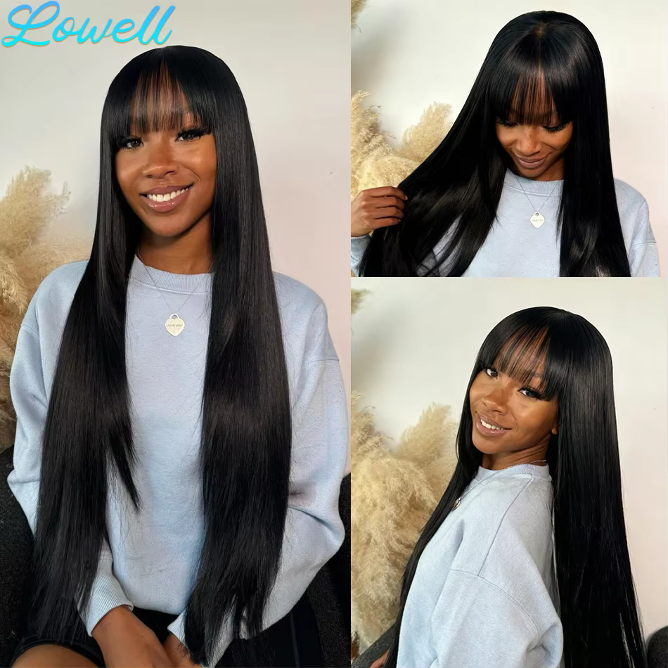 Perruque en cheveux humains lisses avec frange, densité 220, 30 pouces, brésilienne, perruques en de