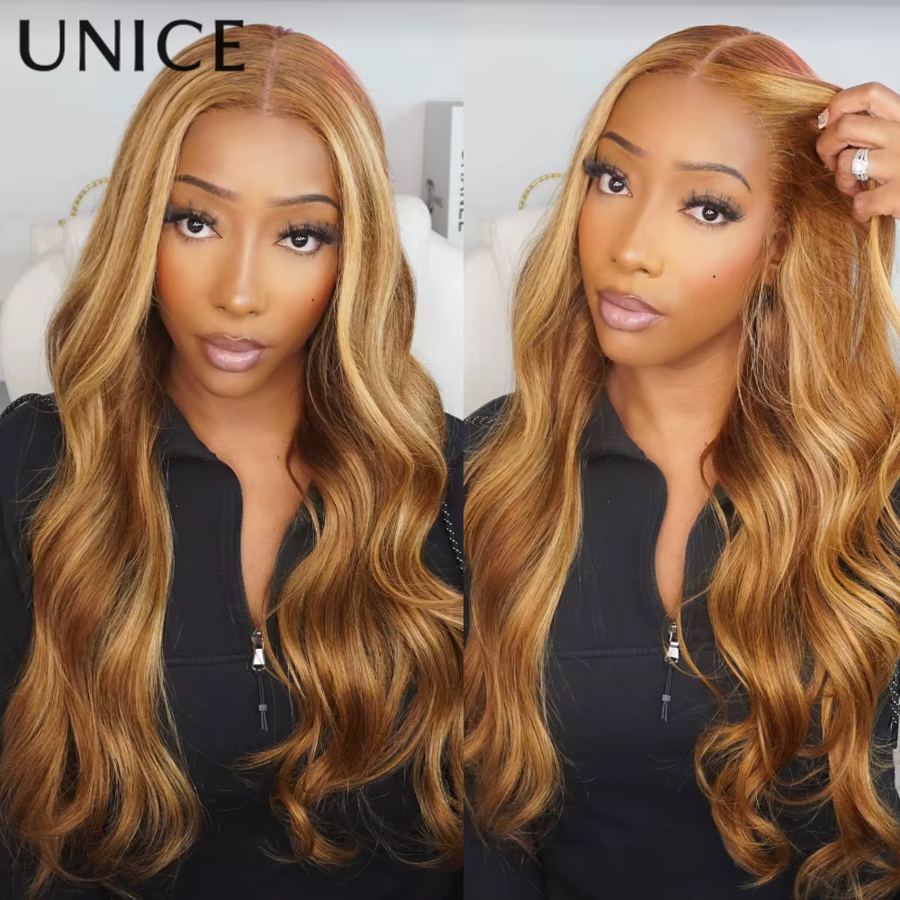UNice brun avec reflets blonds vague de corps perruque de cheveux humains 7x5 & 13x4 dentelle pré-co