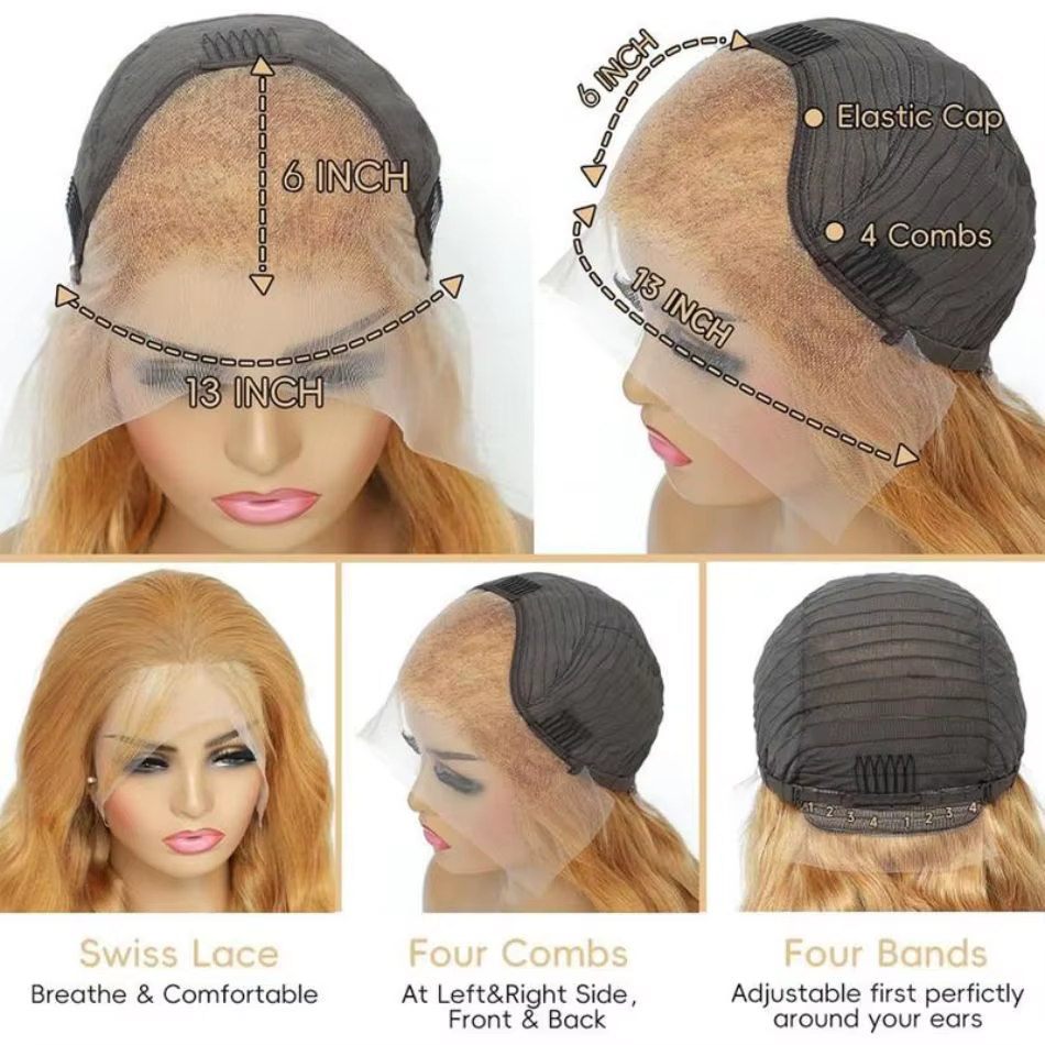 Perruques de cheveux humains lisses blond miel 27, colorées, avec dentelle frontale HD 13x6, perruqu