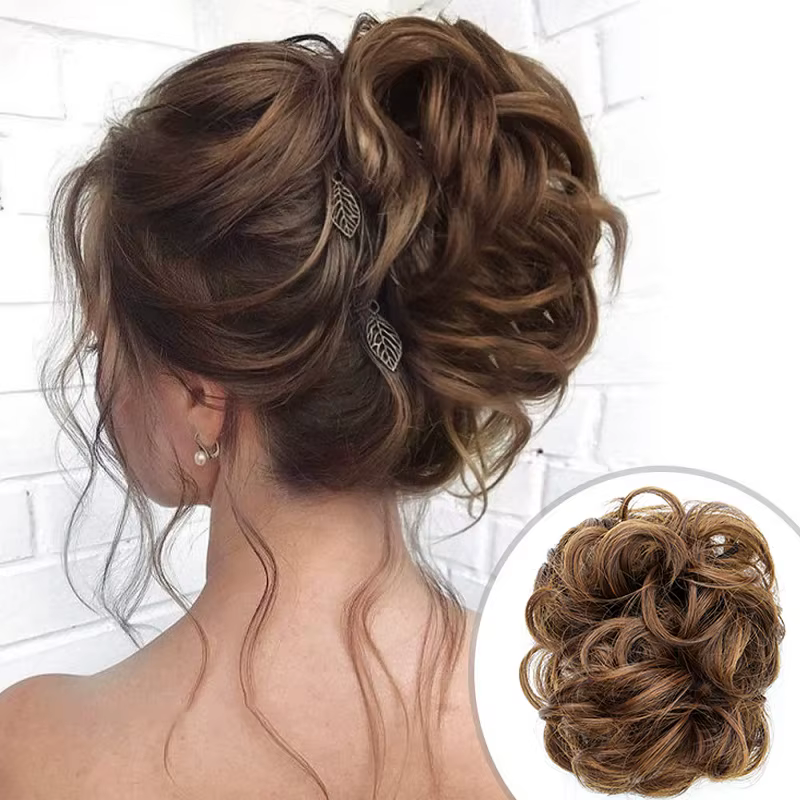 Chignon synthétique en désordre pour femmes, Extension capillaire courte, bouclée, ondulée, noire, B