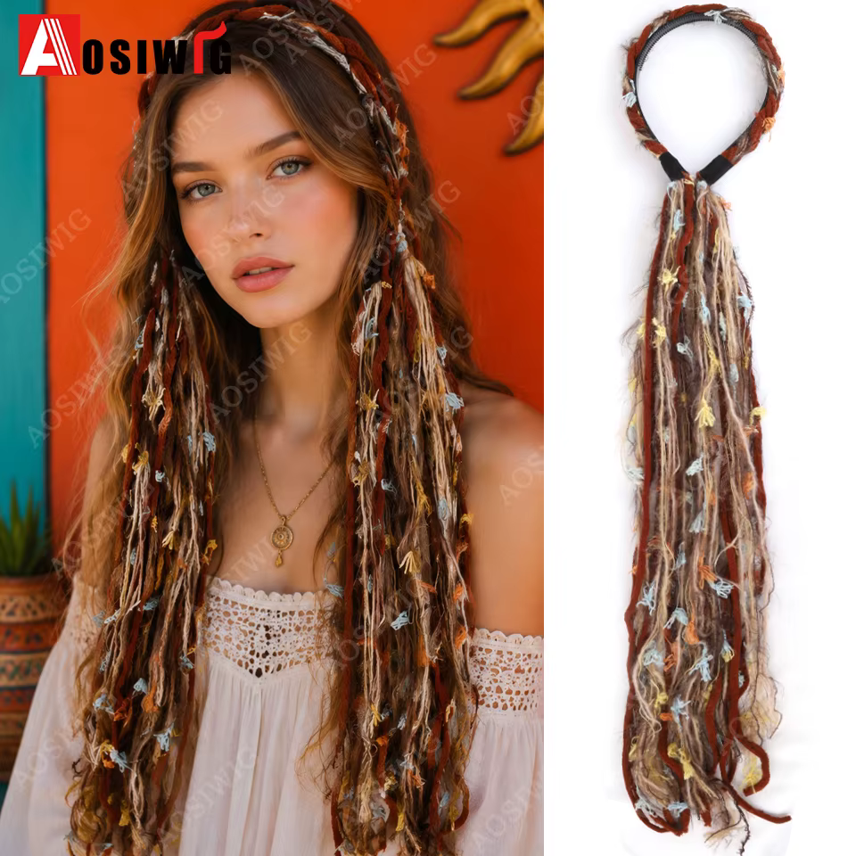 Extensions de cheveux synthétiques tressées à pampilles style bohème, couleur Maillard vintage, avec