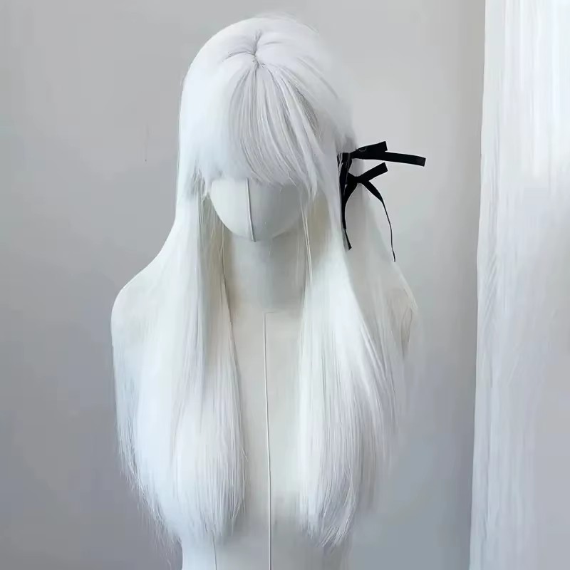 Perruque longue droite à l'air blanc pur pour femmes, cheveux simulés, peau à la mode, utilisation u