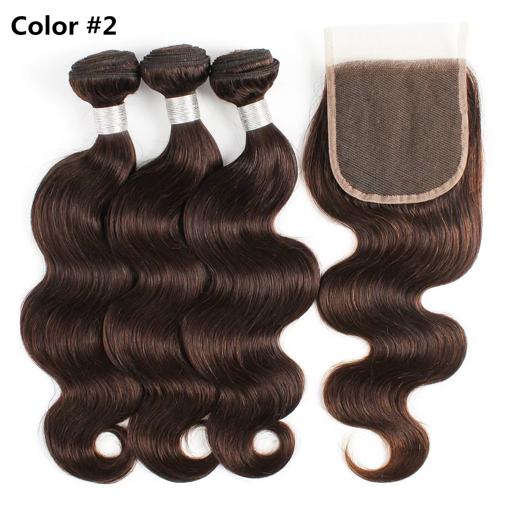 Couleur # 2 # Extensions de cheveux humains brésiliens Remy colorés, brun foncé, 3 lots avec fermetu