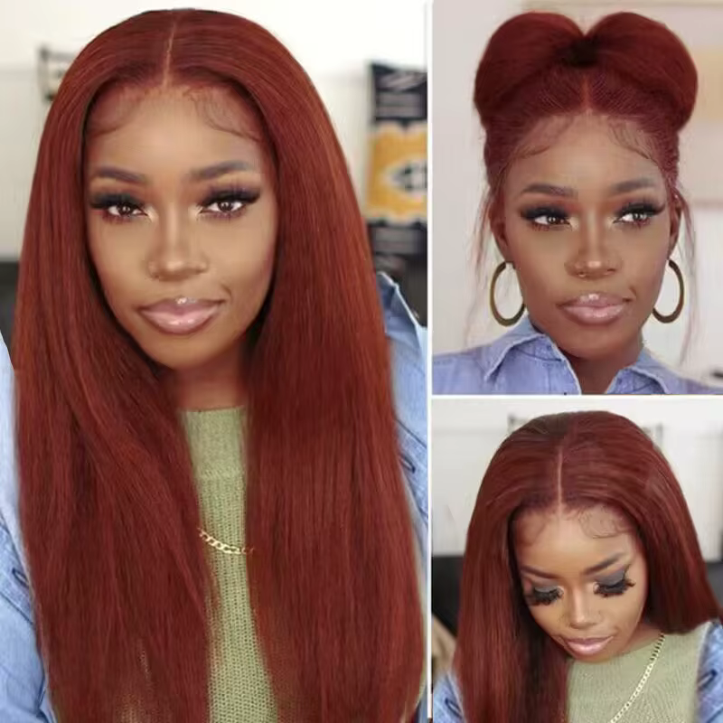 13X4 brun rougeâtre crépus droite dentelle frontale perruque cheveux humains Auburn cuivre Yaki droi