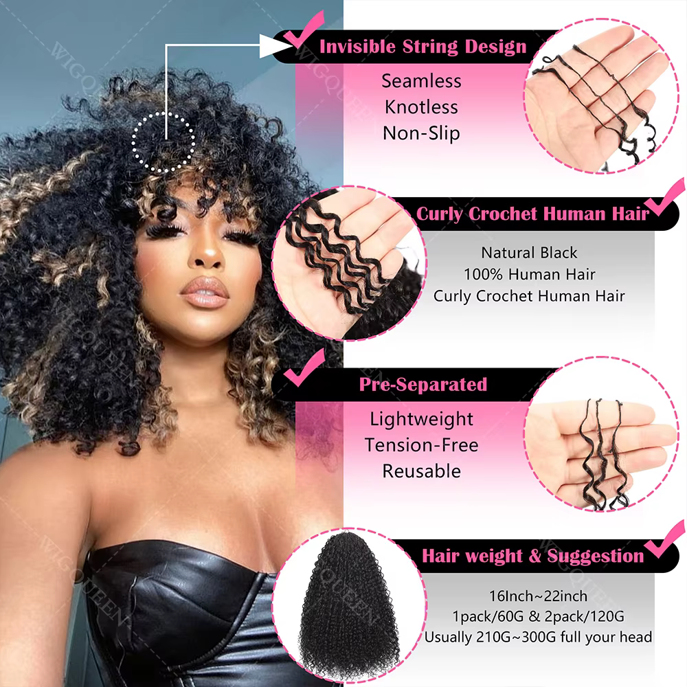 Plume Crochet cheveux humains 4/27 mettre en évidence Pixie Curl Extensions de cheveux en vrac léger
