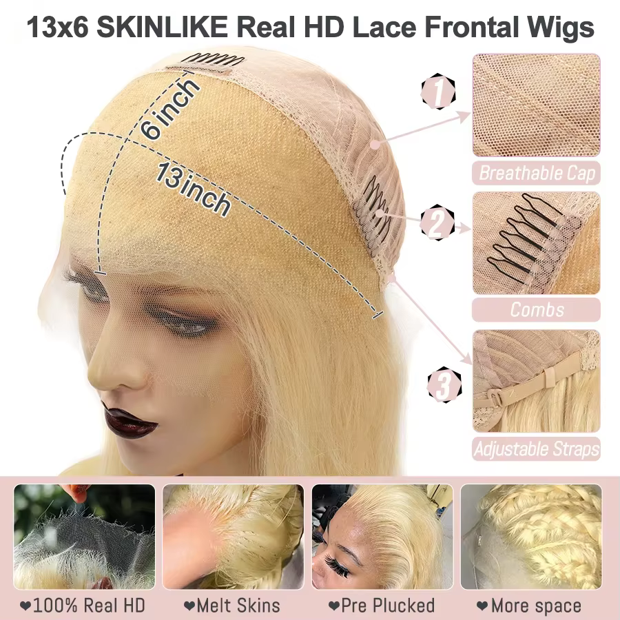 34 pouces 250% 13x6 HD dentelle frontale perruques fondre peaux cuir chevelu naturel 613 Blonde vagu