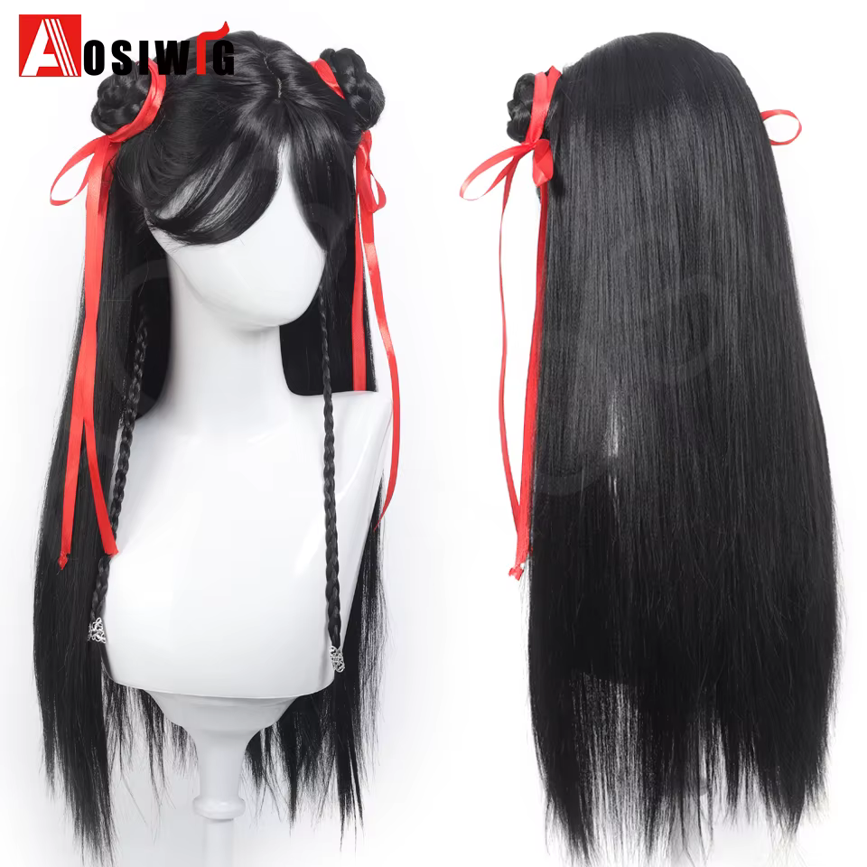 Anime films chinois Cosplay perruque noir cheveux longs raides avec tresse ruban rouge Double chigno