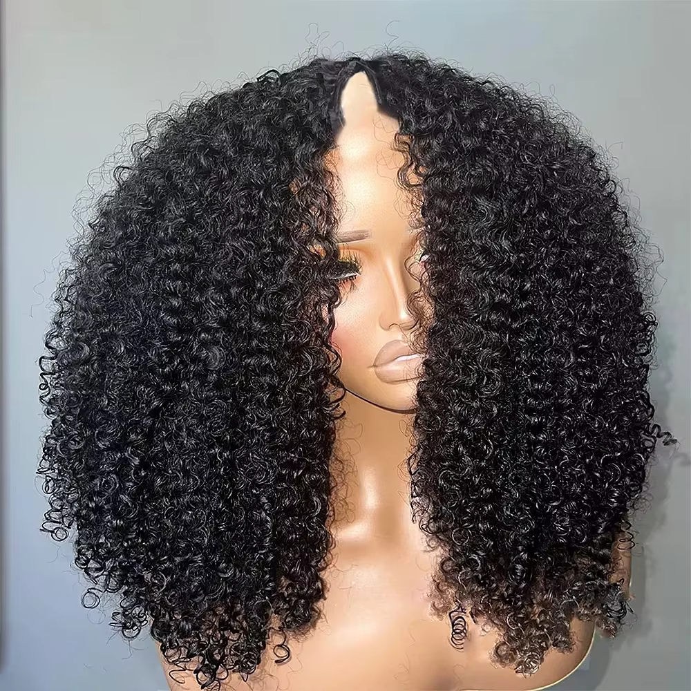 Perruque en V en cheveux humains bouclés crépus, sans colle, pour femmes, sans besoin de laisser de