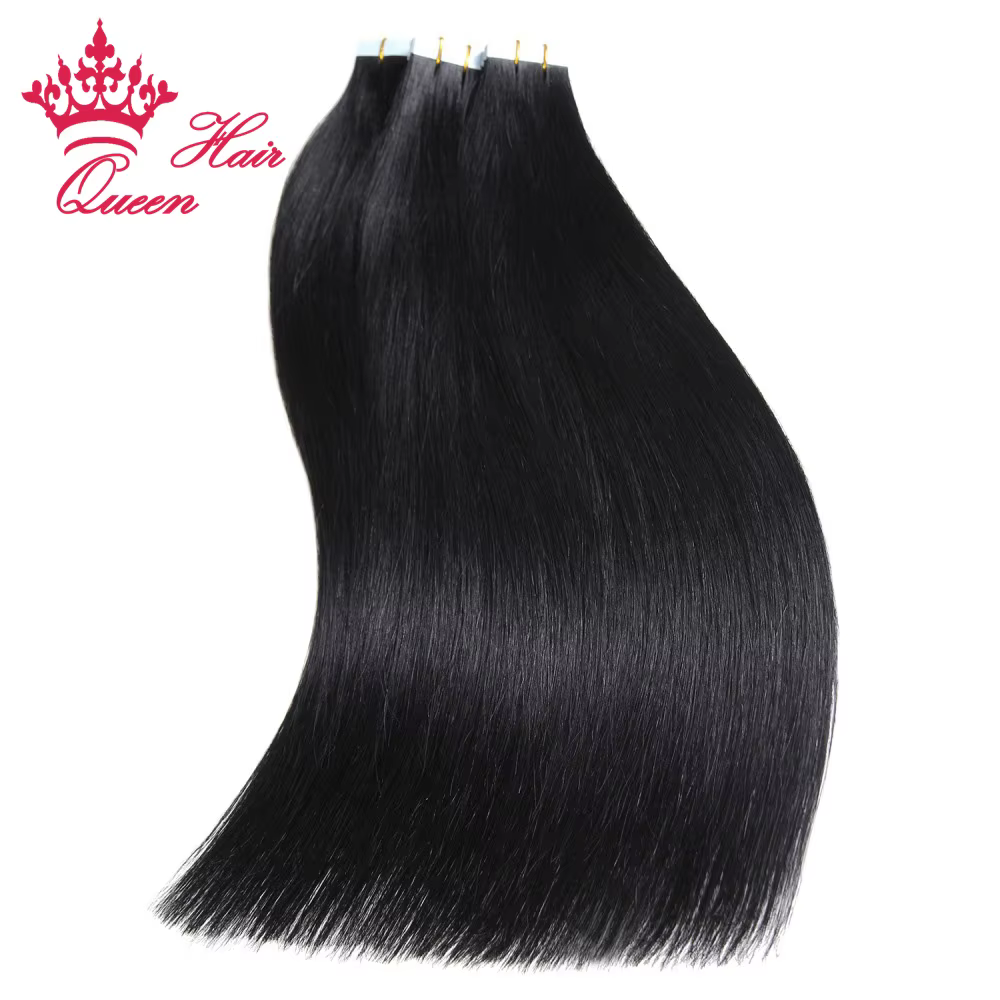 Queen Hair Official PU Tape In Hair Skin Weft Hand Tied PU Adhesives Raw Human Hair Extensions Invis