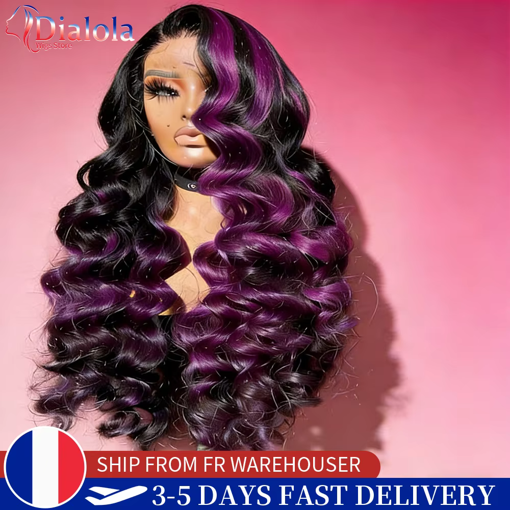 Perruque Dialola 13x6 13x4 HD Transparente en Dentelle Frontale, Cheveux Humains, Violet Foncé avec