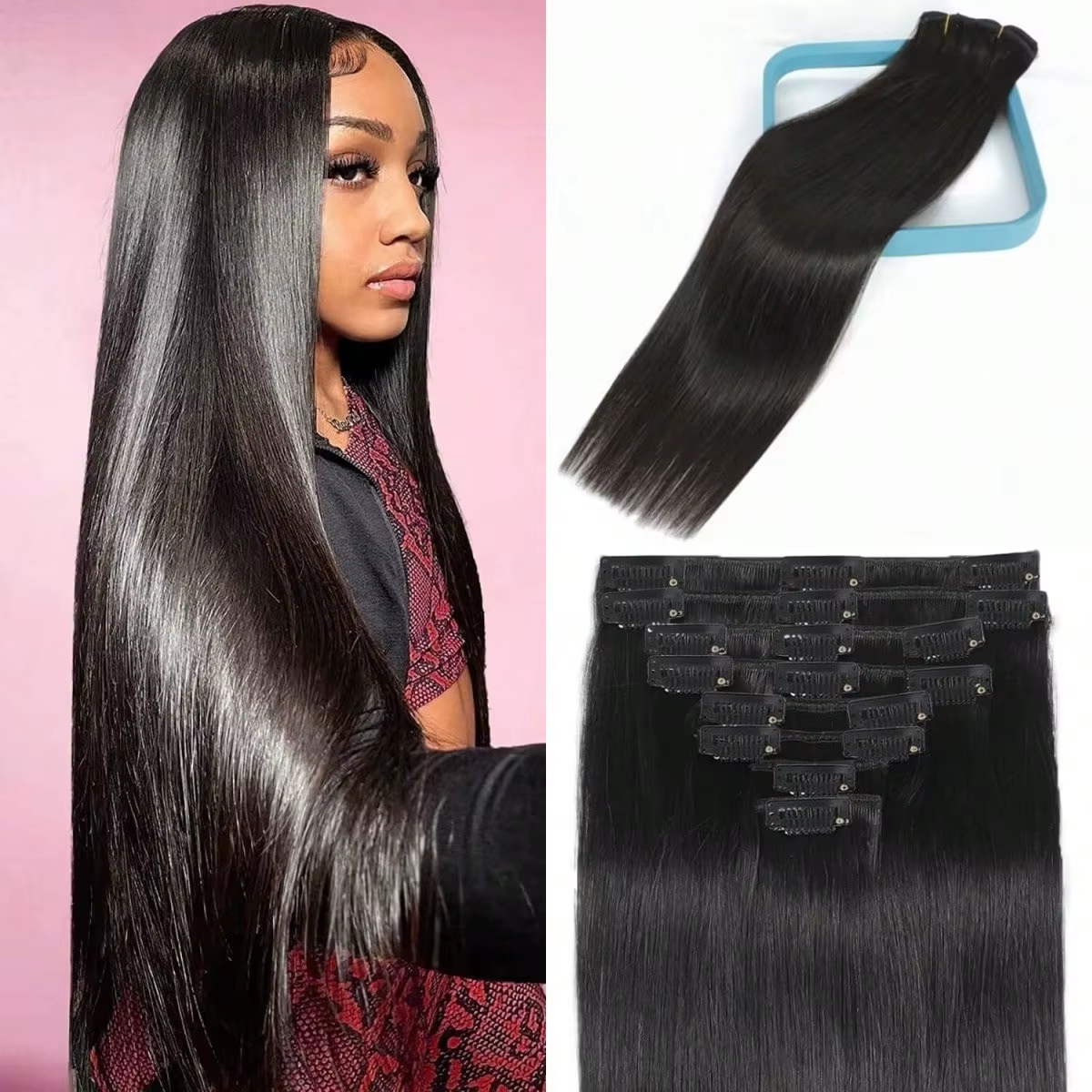 Extensions de cheveux à clipser, cheveux humains véritables, 8 pièces, extensions de cheveux humains