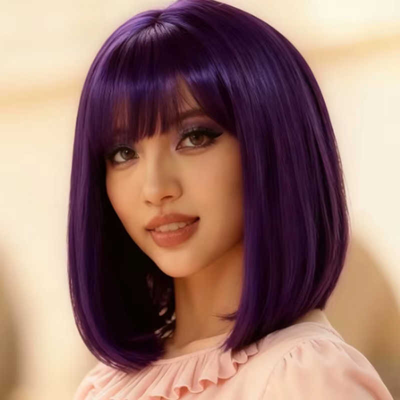 Perruque synthétique violette 12 pouces, adaptée aux jeux de rôle de fête de Noël et d'Halloween pou