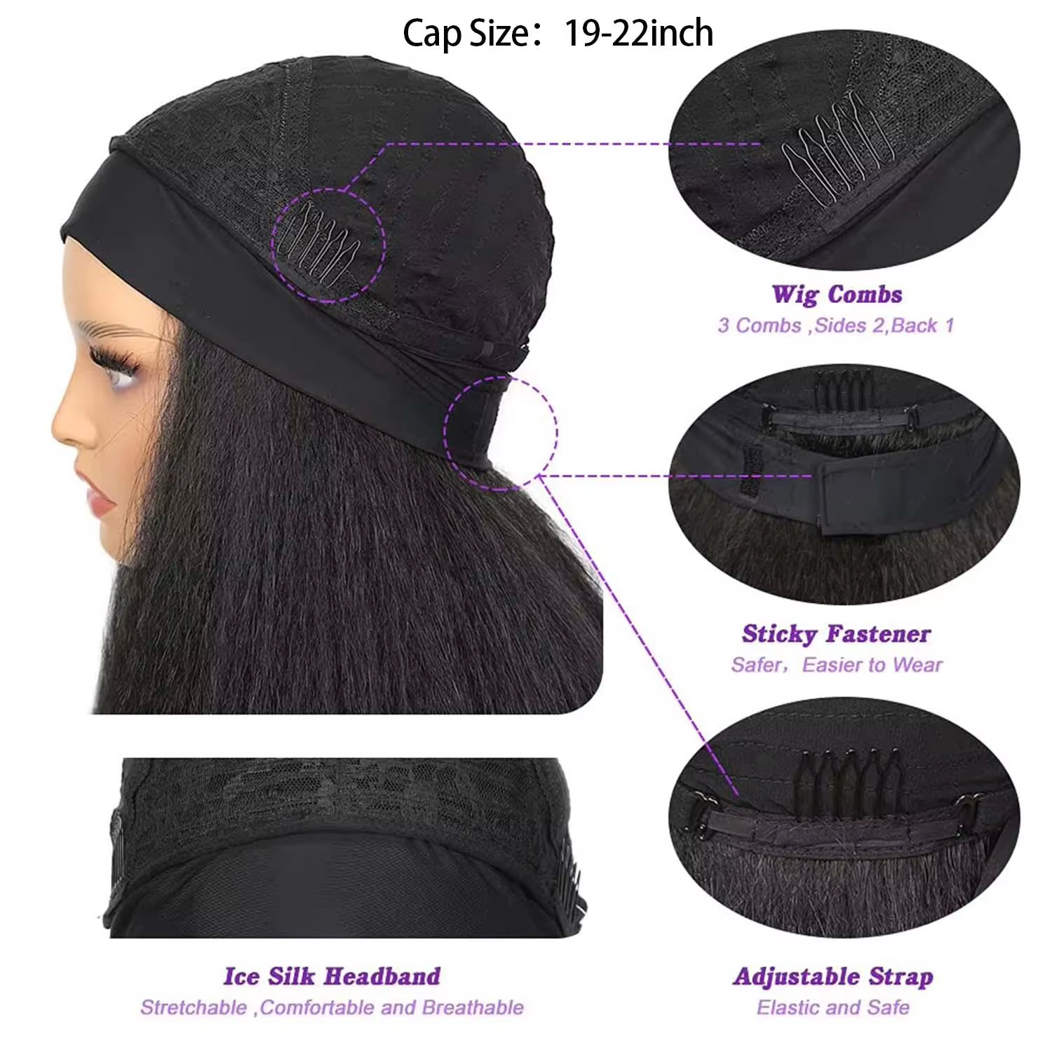 Perruque synthétique Yaki lisse et crépue pour femmes, perruque avec bandeau noir, facile à coiffer,