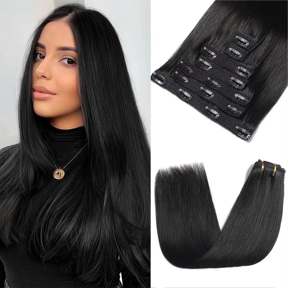 Extensions de cheveux synthétiques lisses de 20 pouces, super longues, 7 pièces, épaisses, à clipser
