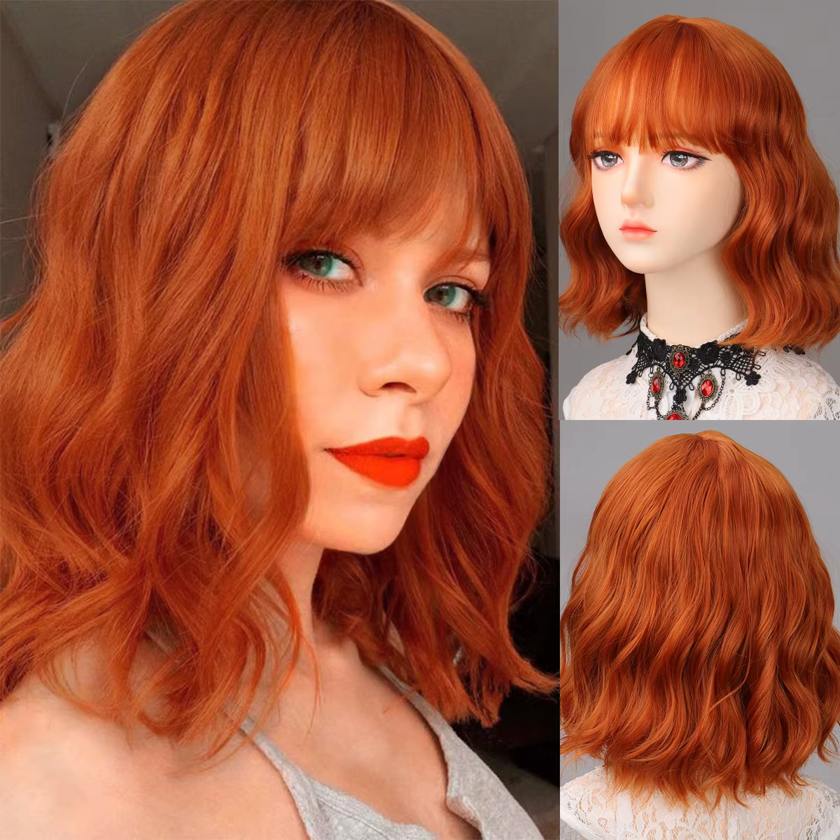 Perruque synthétique orange à la mode femme cheveux courts bouclés ondulés liu mer ondulation cospla