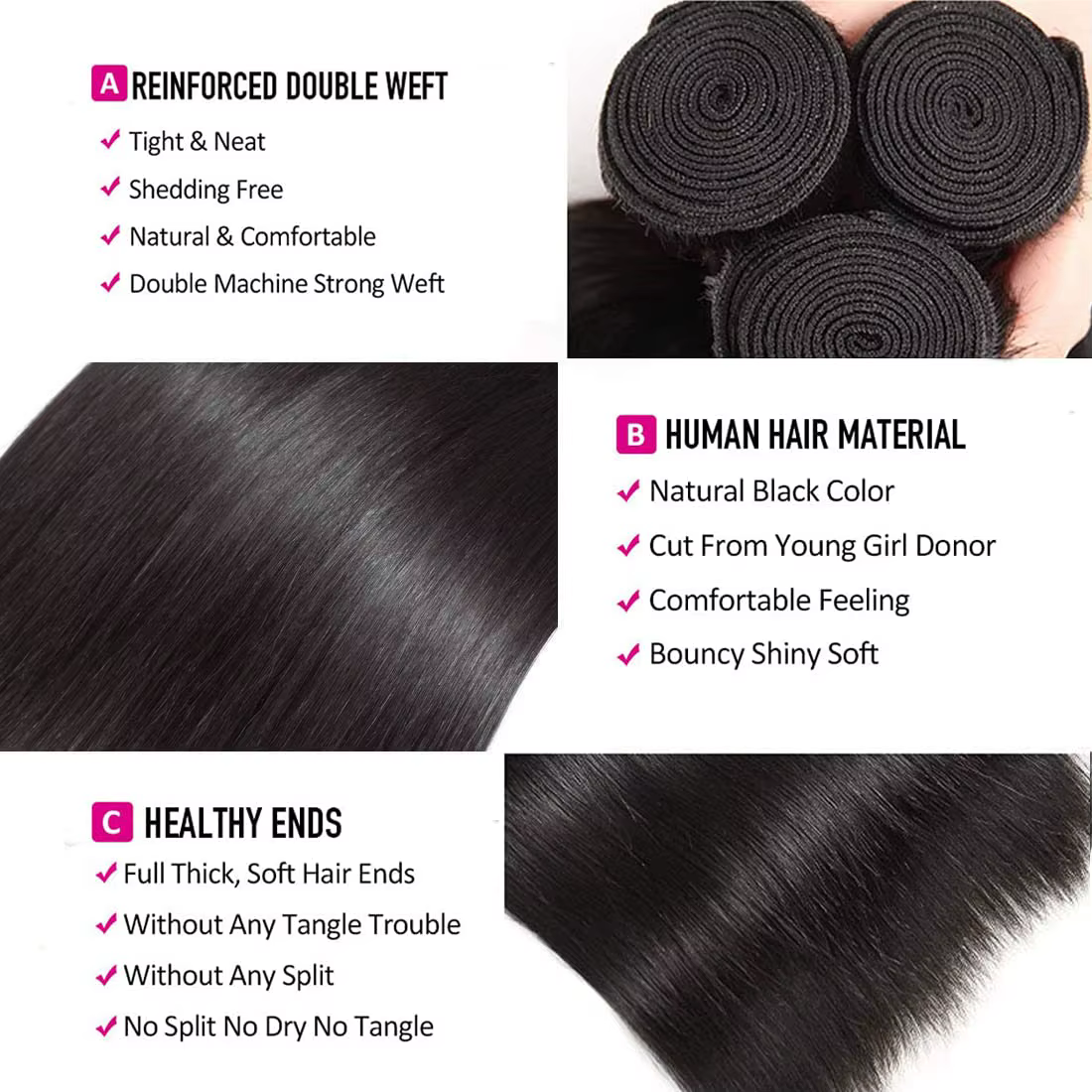 Mèches Brésiliennes Naturelles Lisses avec Closure, Cheveux de Bébé, 100% Non Traités, 4x4, 3 Lots