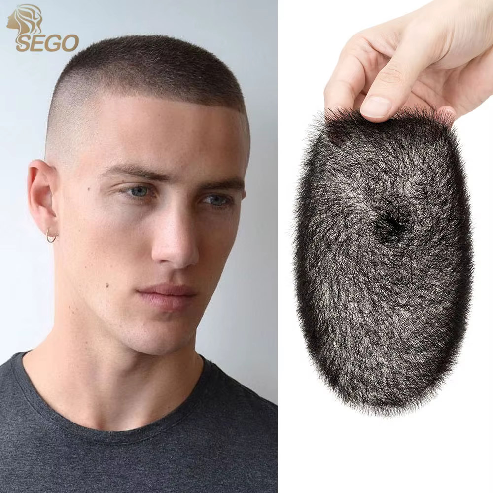 Toupet en PU ultra fin pour hommes, 100% cheveux humains, coupe buzz, dessus noir transparent, proth