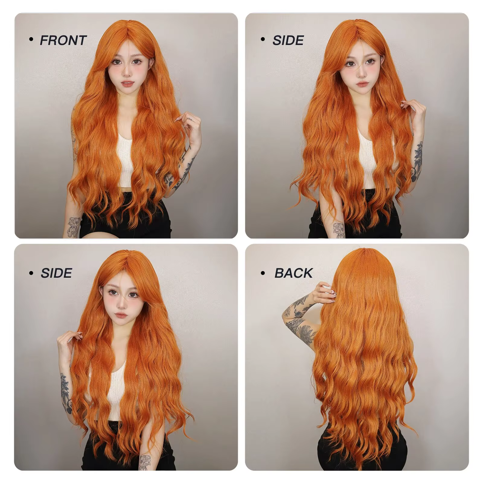Perruque Synthétique Longue Ondulée Orange pour Femme, Cheveux Naturels Ondulés avec Longue Frange, 