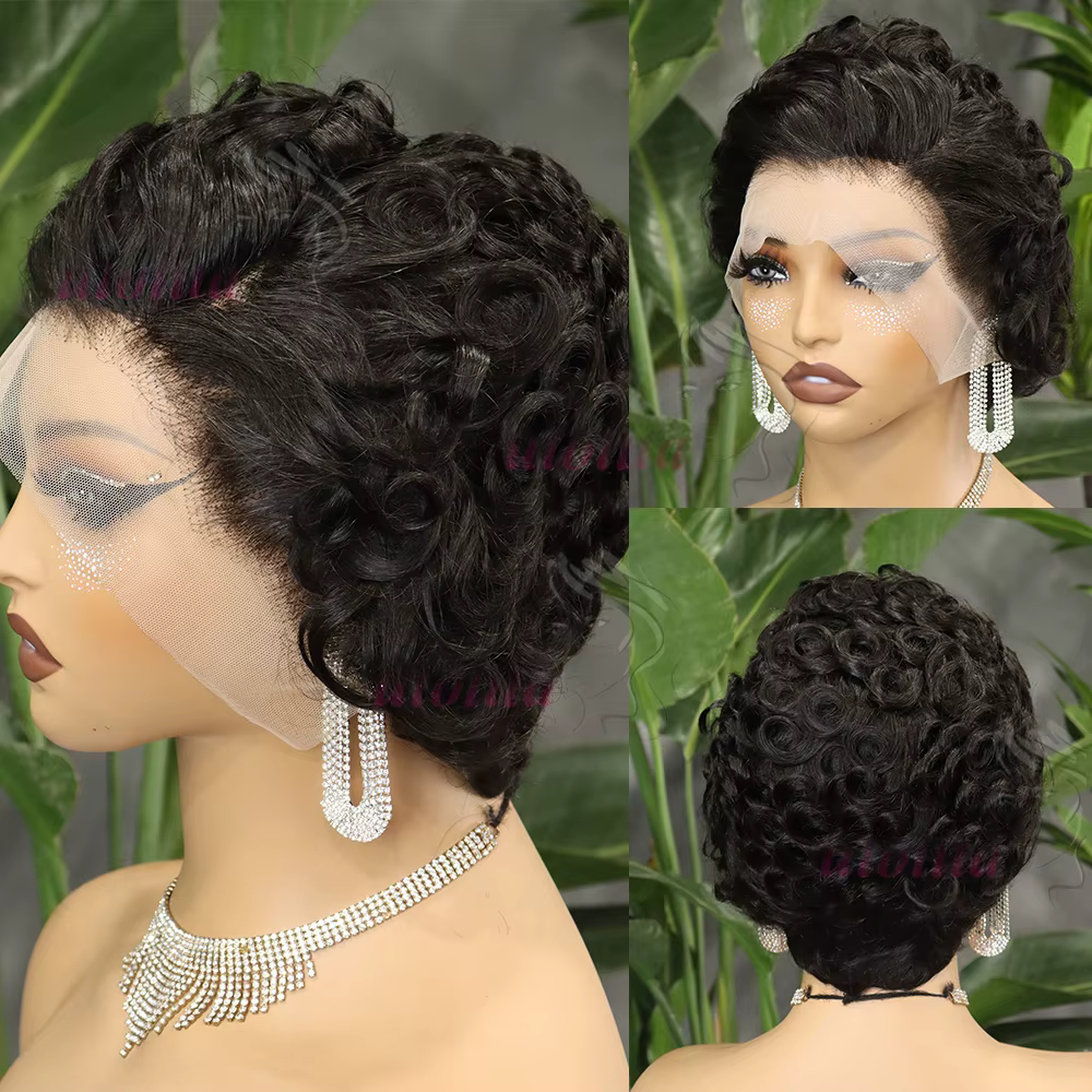 Perruque courte bouclée coupe pixie 13x4 avec dentelle frontale, cheveux humains, perruque bouclée s