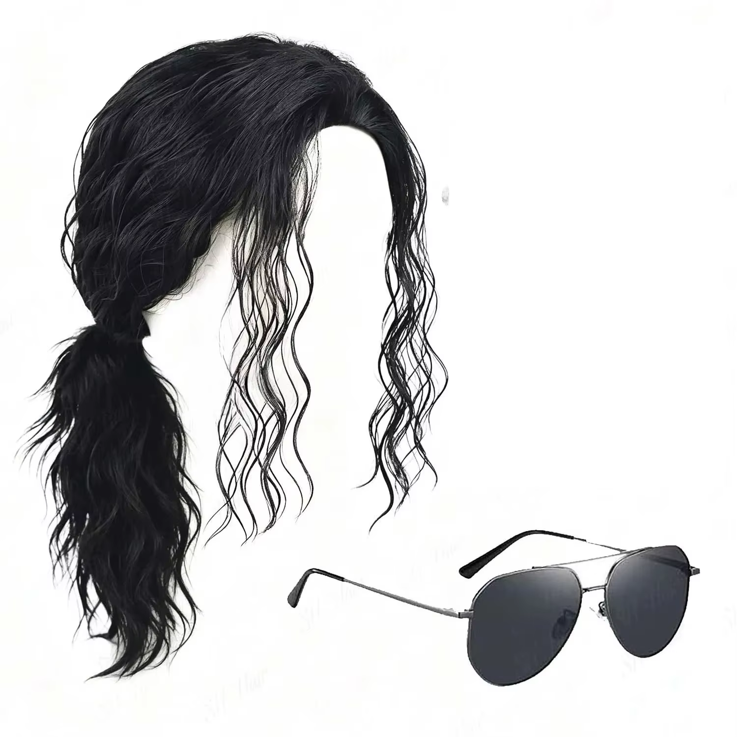 Perruque synthétique noire pour homme, style mulet, avec lunettes et gants, longue et bouclée, année