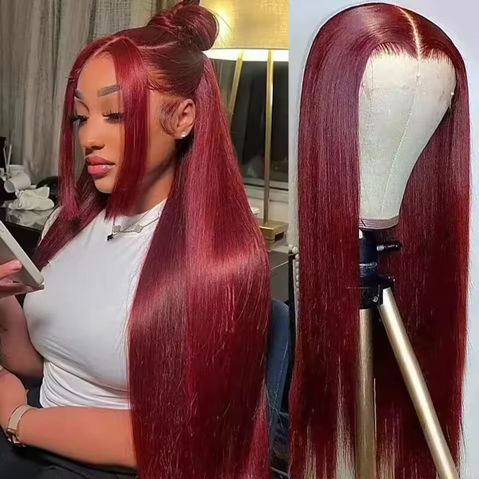 Perruque Lace Frontal Wig 100% naturelle, cheveux lisses, couleur bordeaux, 13x4 HD, 13x6, couleur 9
