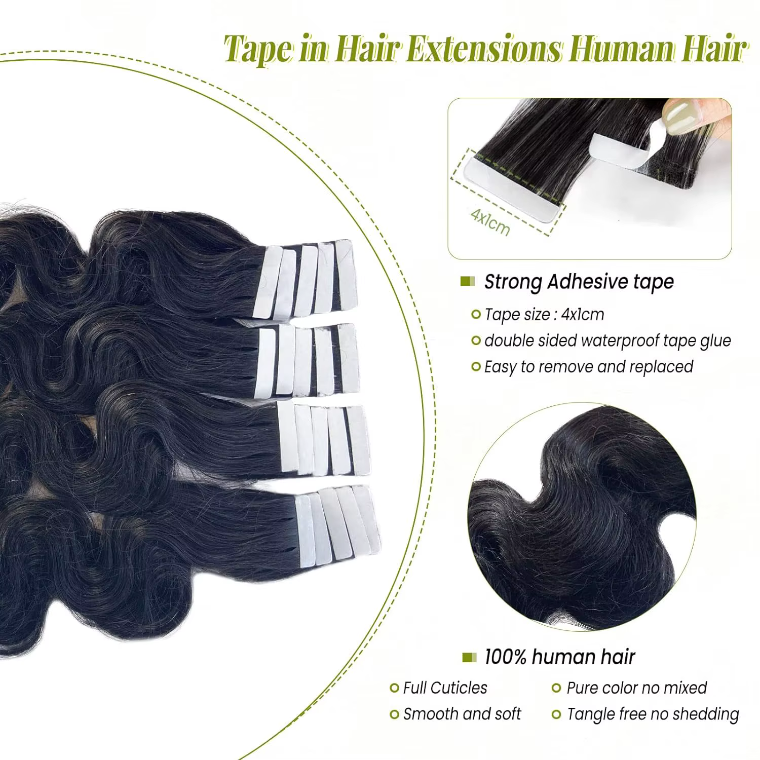 Extensions de cheveux humains Body Wave, vrais cheveux humains, bande dans les cheveux, 100% cheveux