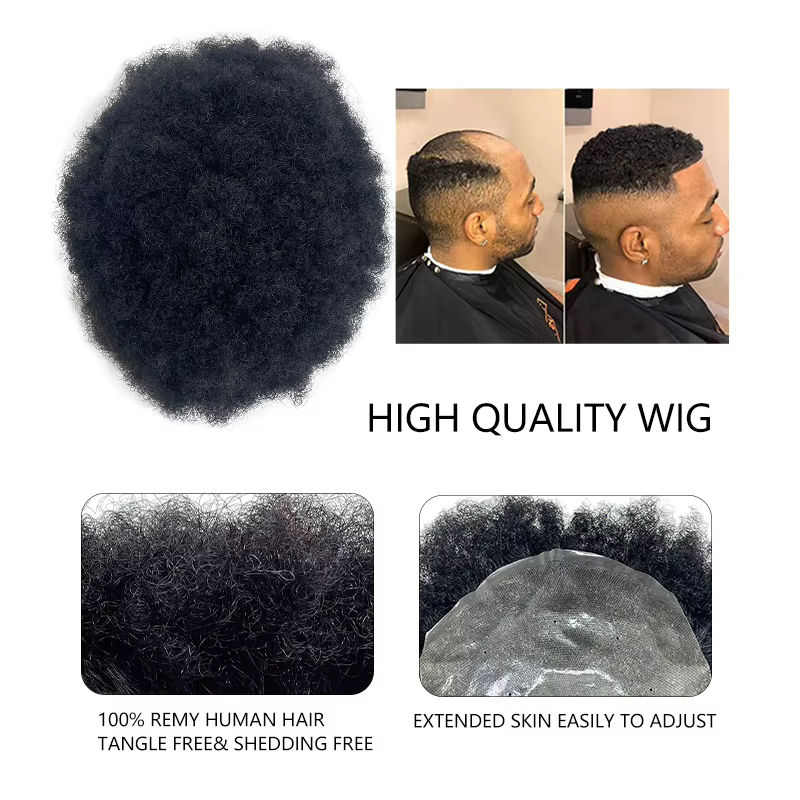 100% cheveux humains hommes PU capillaire prothèse Toppers Afro cheveux bouclés Ultra mince respiran