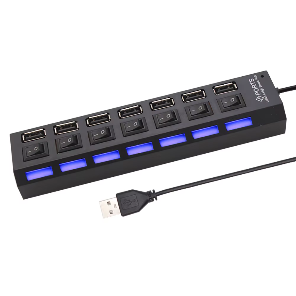 Hub USB 7 ports avec adaptateur secteur et interrupteur LED pour PC et ordinateurs portables