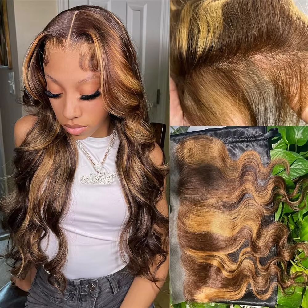 Faisceaux à reflets avec fermeture frontale brésilienne vague de corps Ombre Blonde cheveux humains