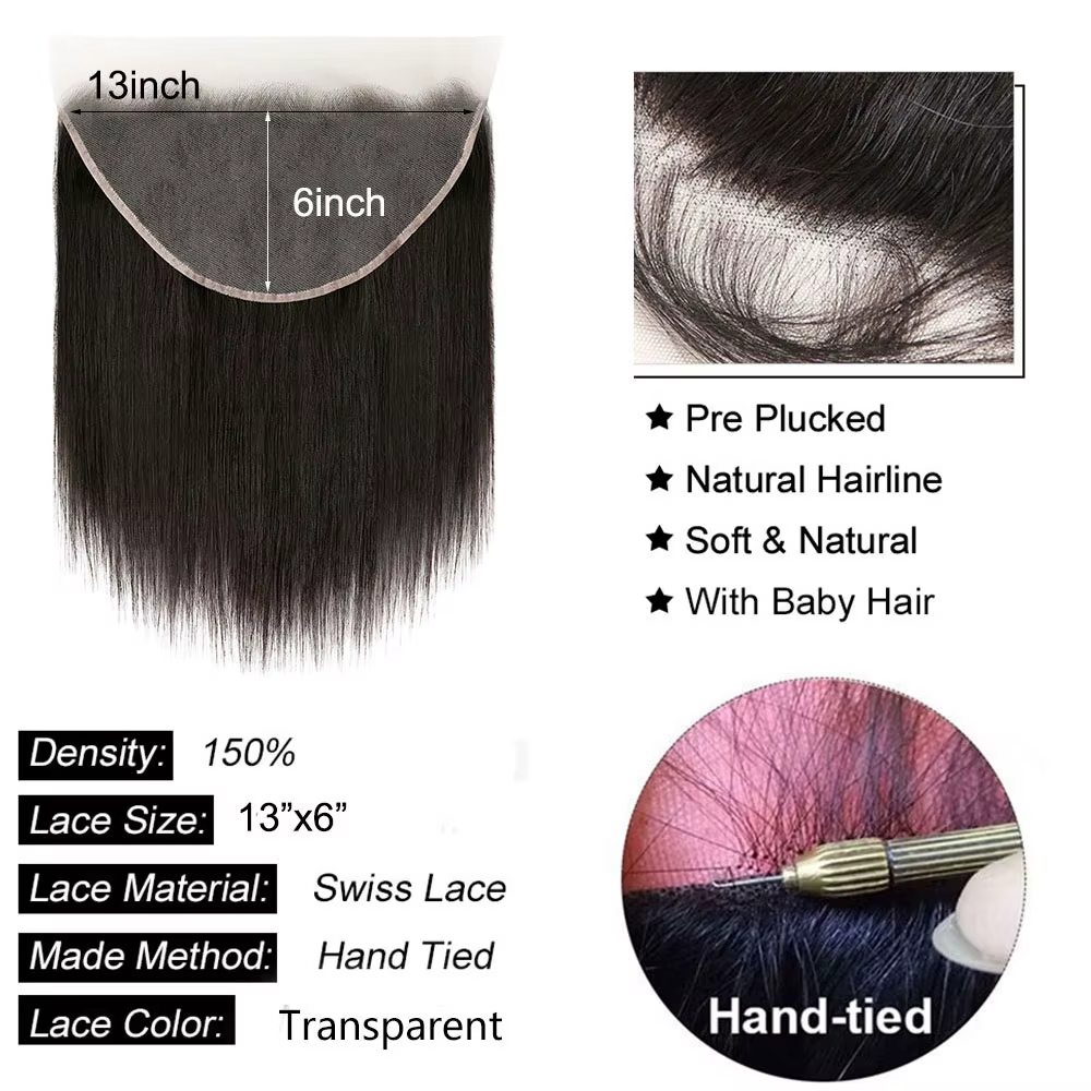 Extensions de cheveux naturels lisses avec Lace Closure, 4x4, 5x5, 6x6, 13x4, 13x6, Extensions front