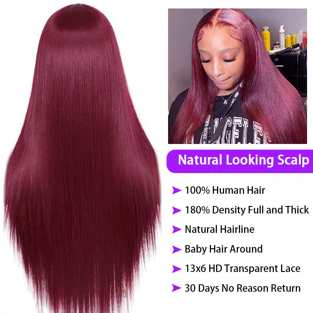 Perruque Lace Front Wig sans colle naturelle, cheveux lisses, bordeaux, HD, 5x5, 13x4, 13x6, pre-plu