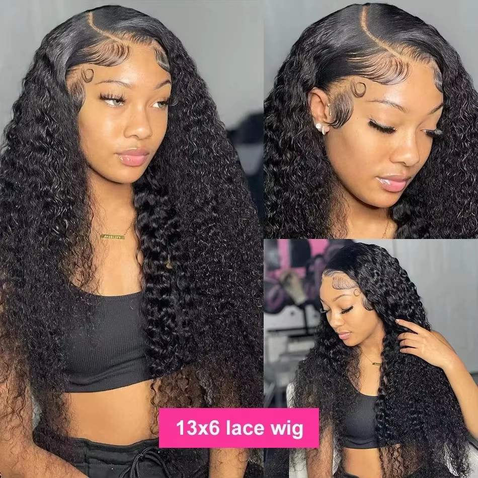 Perruque Lace Frontal Wig brésilienne naturelle, cheveux humains, Deep Wave, Transparent, 40 46 pouc