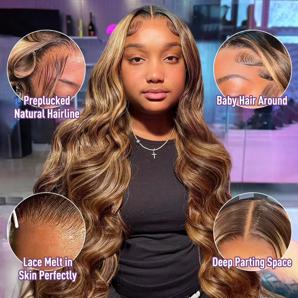 Perruque Lace Front Wig Body Wave brésilienne naturelle, cheveux humains à reflets colorés, 13x6 Hd,