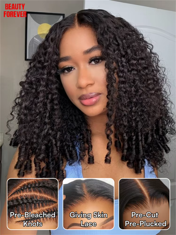 7X5 Bye Bye noeuds doigt bobines bouclés sans colle perruque de cheveux humains sans colle Transpare